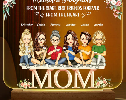 Mother And Daughters Sons Children From The Start - Personalized Custom 3D Led Light Wooden Base