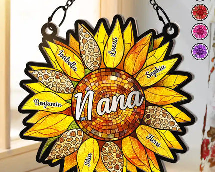 Nana Auntie Mom Family Sunflower - Personalized Window Hanging Suncatcher Ornament