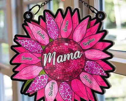 Nana Auntie Mom Family Sunflower - Personalized Window Hanging Suncatcher Ornament