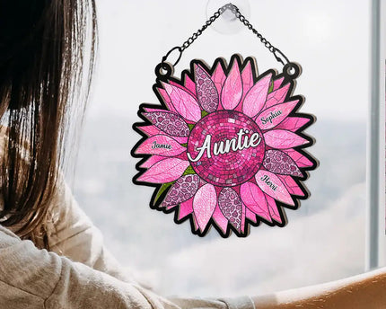 Nana Auntie Mom Family Sunflower - Personalized Window Hanging Suncatcher Ornament