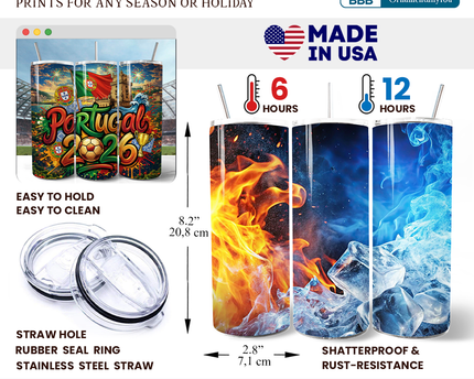 Portugal 2026 Soccer Cup Global Championship 20oz Tumbler With Lid and Stainless Steel Straw, Fans Football Gift Cup