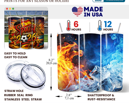 Spain 2026 Soccer Cup Global Championship 20oz Tumbler With Lid and Stainless Steel Straw, Fans Football Gift Cup
