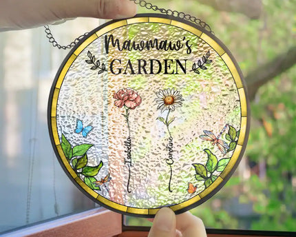 Birth Flower Grandma's Garden - Personalized Stained Glass Window Hanging Suncatcher