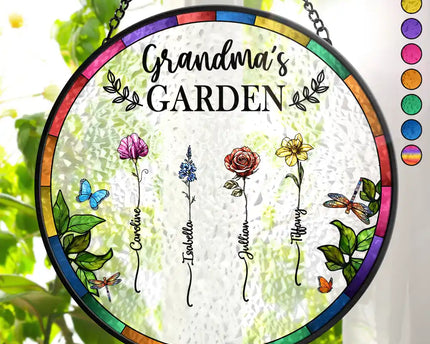Birth Flower Grandma's Garden - Personalized Stained Glass Window Hanging Suncatcher