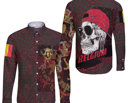 Belgium Long Sleeve Button Shirt Paisley Flag And Skull Style