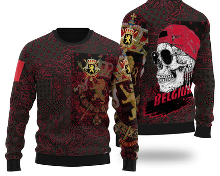 Belgium Ugly Sweater Paisley Flag And Skull Style