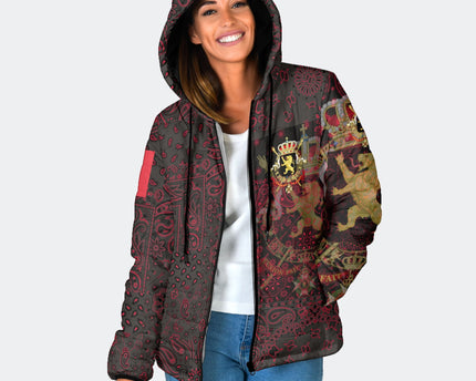 Belgium Women Hooded Padded Jacket Paisley Flag And Skull Style