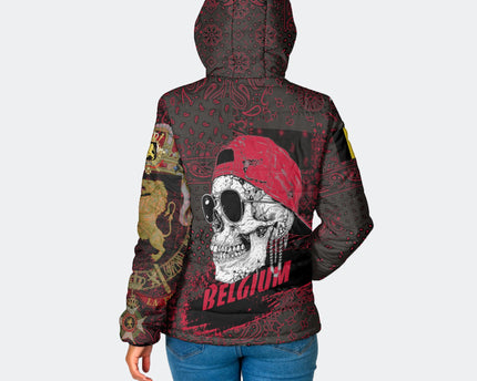 Belgium Women Hooded Padded Jacket Paisley Flag And Skull Style