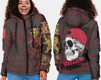Belgium Women Hooded Padded Jacket Paisley Flag And Skull Style