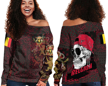 Belgium Women Off Shoulder Sweatshirt Paisley Flag And Skull Style