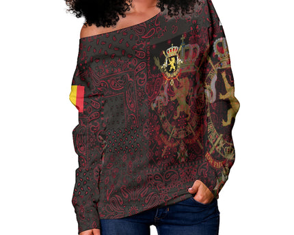 Belgium Women Off Shoulder Sweatshirt Paisley Flag And Skull Style