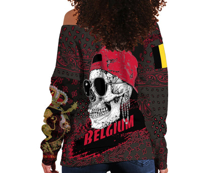 Belgium Women Off Shoulder Sweatshirt Paisley Flag And Skull Style