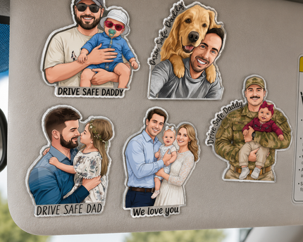 Personalized Portrait From Photo Dad And Kids Acrylic Car Visor Clip Fathers Day Gift
