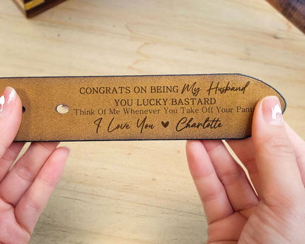 Congrats On Being My Husband You Lucky Bastard - Personalized Engraved Leather Belt