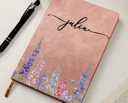 Custom Birth Flower & Name For Her, Wife, Daughter, Sister - Personalized Leather Journal