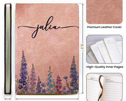 Custom Birth Flower & Name For Her, Wife, Daughter, Sister - Personalized Leather Journal
