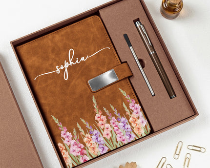 Custom Birth Flower & Name For Her, Wife, Daughter, Sister - Personalized Notebook Set