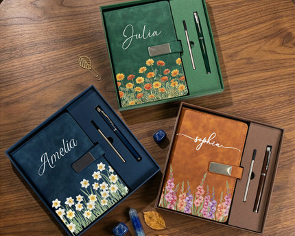 Custom Birth Flower & Name For Her, Wife, Daughter, Sister - Personalized Notebook Set