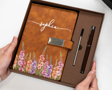 Custom Birth Flower & Name For Her, Wife, Daughter, Sister - Personalized Notebook Set