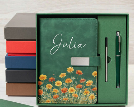 Custom Birth Flower & Name For Her, Wife, Daughter, Sister - Personalized Notebook Set
