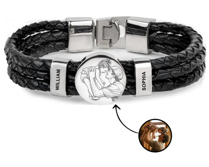 Custom Photo Sketch Line Art Father's Day Gift For Dad, New Dad, Husband - Personalized Bracelet