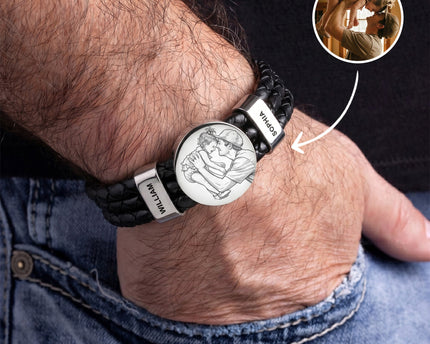 Custom Photo Sketch Line Art Father's Day Gift For Dad, New Dad, Husband - Personalized Bracelet