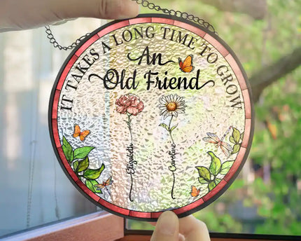 Birth Flower Grow An Old Friend - Personalized Stained Glass Window Hanging Suncatcher