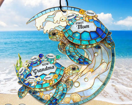 First Mom Now Grandma Stained Glass Turtle - Personalized Window Hanging Suncatcher Ornament