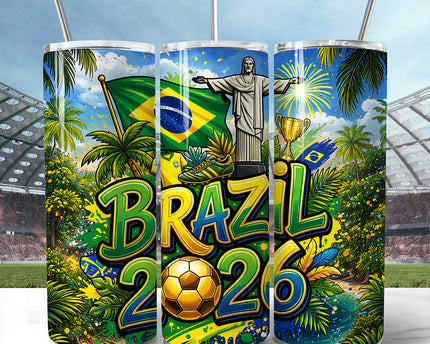 Brazil 2026 Soccer Cup Global Championship 20oz Tumbler With Lid and Stainless Steel Straw, Fans Football Gift Cup