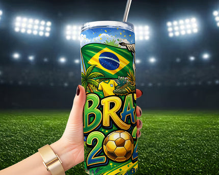 Brazil 2026 Soccer Cup Global Championship 20oz Tumbler With Lid and Stainless Steel Straw, Fans Football Gift Cup