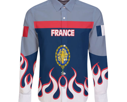 France Long Sleeve Button Shirt Flag & Coat Of Arms 1905-1953 Fire Hockey Style