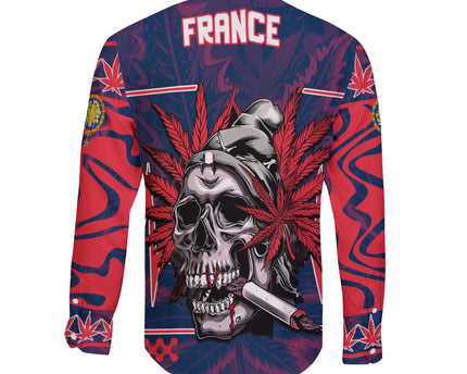 France Long Sleeve Button Shirt Flag & Coat Of Arms 1905-1953 Fire Marijuanas Style