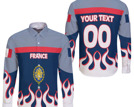 France Long Sleeve Button Shirt Flag & Coat Of Arms 1905-1953 Fire Hockey Style