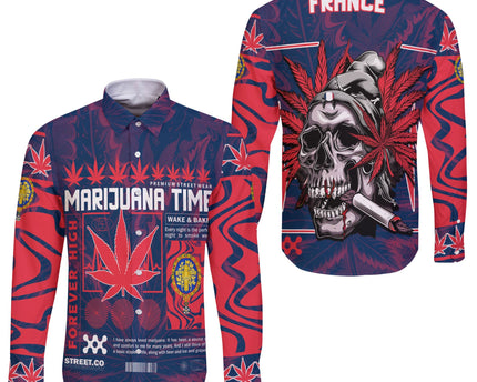 France Long Sleeve Button Shirt Flag & Coat Of Arms 1905-1953 Fire Marijuanas Style
