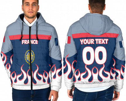 France Men Hooded Padded Jacket Flag & Coat Of Arms 1905-1953 Fire Hockey Style