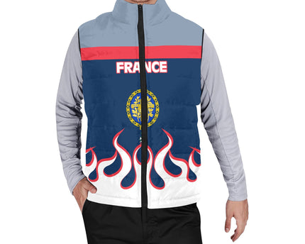 France Men Padded Jacket Vest Flag & Coat Of Arms 1905-1953 Fire Hockey Style