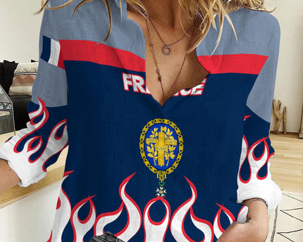France Women Casual Shirt Flag & Coat Of Arms 1905-1953 Fire Hockey Style