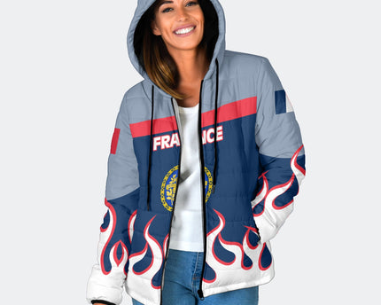 France Women Hooded Padded Jacket Flag & Coat Of Arms 1905-1953 Fire Hockey Style