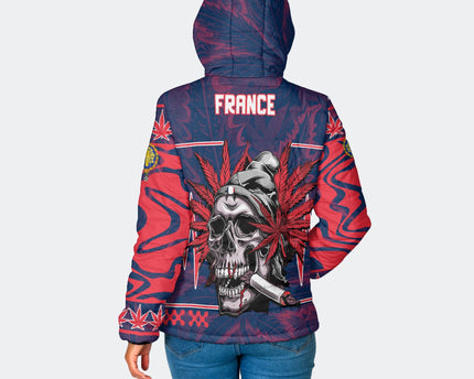 France Women Hooded Padded Jacket Flag & Coat Of Arms 1905-1953 Fire Marijuanas Style