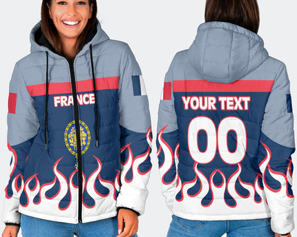 France Women Hooded Padded Jacket Flag & Coat Of Arms 1905-1953 Fire Hockey Style