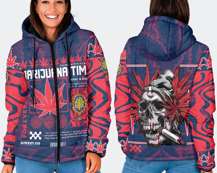 France Women Hooded Padded Jacket Flag & Coat Of Arms 1905-1953 Fire Marijuanas Style
