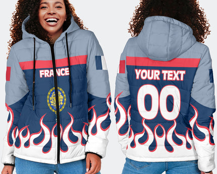 France Women Hooded Padded Jacket Flag & Coat Of Arms 1905-1953 Fire Hockey Style