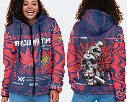 France Women Hooded Padded Jacket Flag & Coat Of Arms 1905-1953 Fire Marijuanas Style