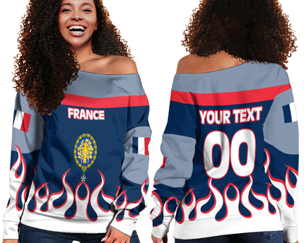France Women Off Shoulder Sweatshirt Flag & Coat Of Arms 1905-1953 Fire Hockey Style