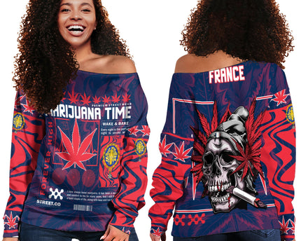France Women Off Shoulder Sweatshirt Flag & Coat Of Arms 1905-1953 Fire The Leaf Style