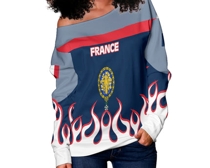France Women Off Shoulder Sweatshirt Flag & Coat Of Arms 1905-1953 Fire Hockey Style