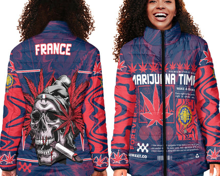 France Women Padded Jacket Flag & Coat Of Arms 1905-1953 Fire Marijuanas Style
