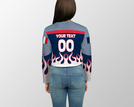 France Crop Top Long TShirt Flag & Coat Of Arms Fire Hockey Style