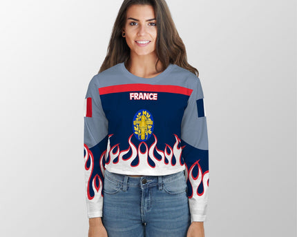 France Crop Top Long TShirt Flag & Coat Of Arms Fire Hockey Style