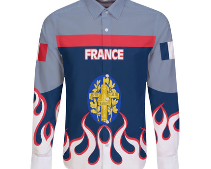 France Long Sleeve Button Shirt Flag & Coat Of Arms Fire Hockey Style